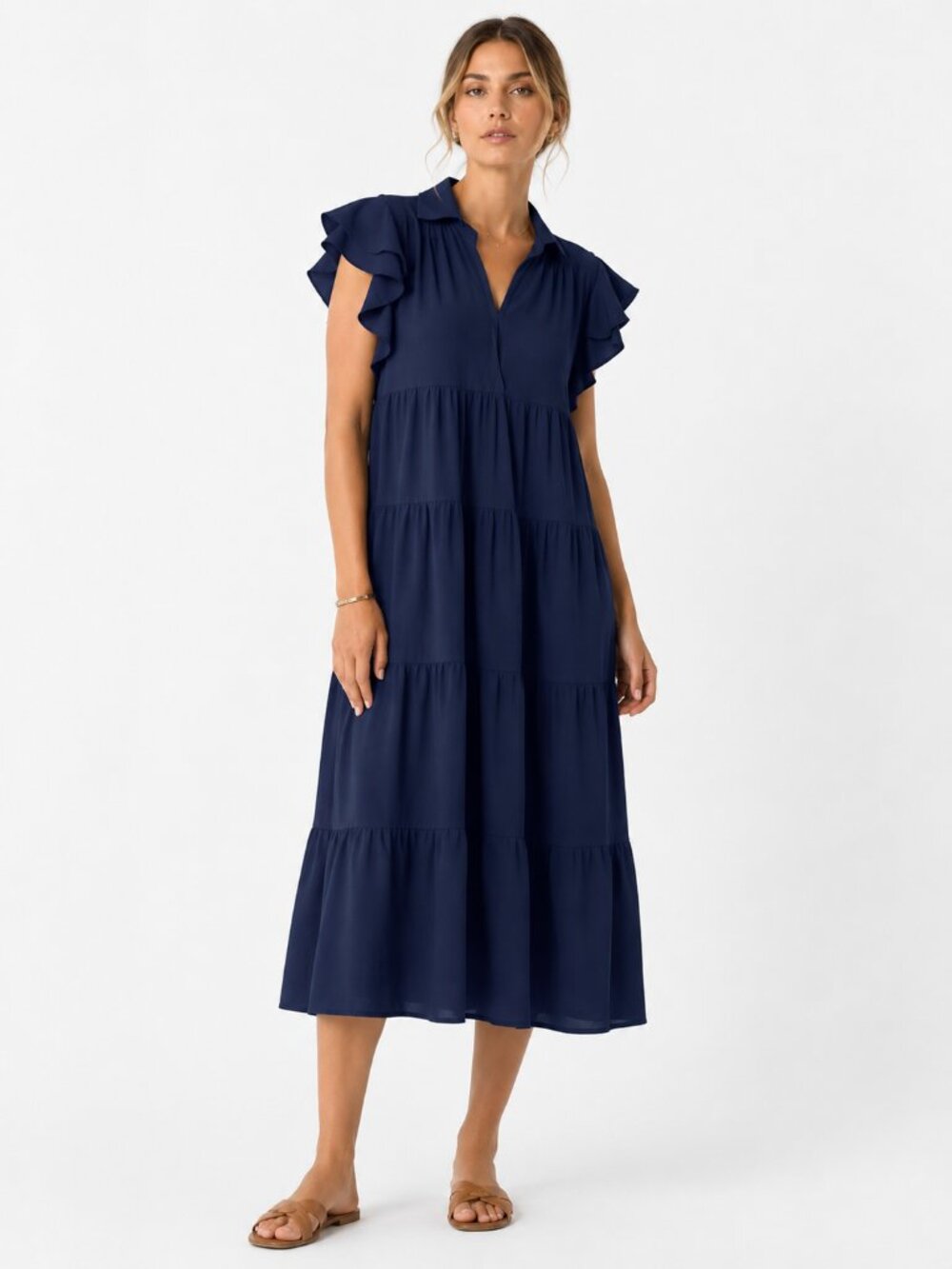 Umgee Tiered Flutter Sleeve Midi Dress Navy Blue Boho Casual Cottagecore Chic S